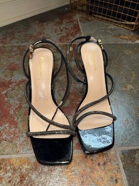 bebe Black Strappy Square-Toe Heeled Sandals with Sparkle Straps